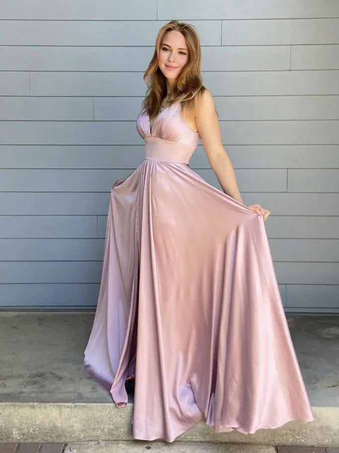 Women's Elegant Apparel Wardrobe Refresh Amzcw Simple pink satin long prom dress pink evening dress formal wear dresses