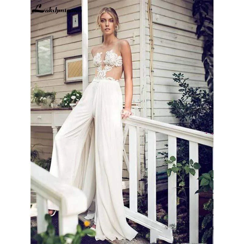 Formal Garments For Women Athleisure Wear Special Offer Roycebridal Wedding Dresses Jumpsuit with Removable Skirt Lace Appliques