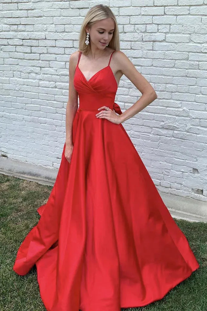 Women's Seasonal Apparel Wardrobe Essentials Amzcw Red v neck satin long prom dress red satin evening dress formal wear dresses