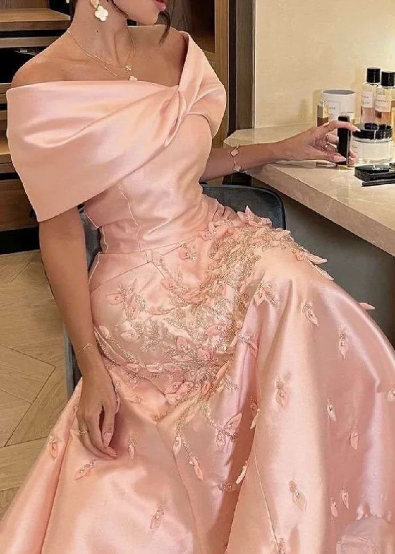 Vintage-Inspired Women's Apparel Seasonal Sale Blush Pink Luxury Arabic Evening Dresses Off The Shoulder Satin Beadings Prom Dress     S6814