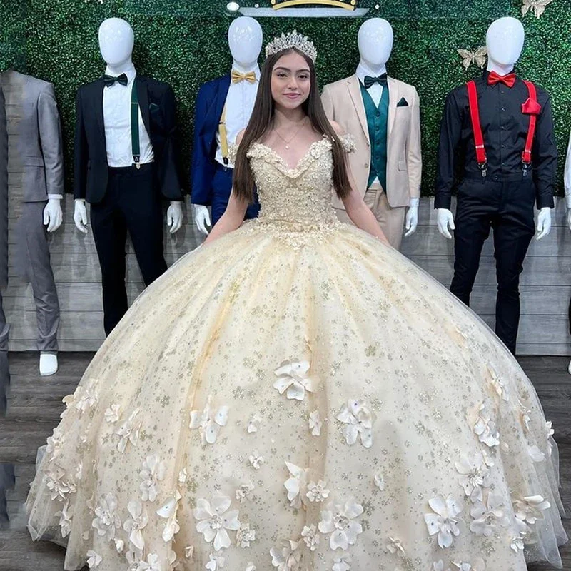 Stylish Women's Garments For Holidays Exclusive Discount Sparkly Tulle Champagne Off The Shoulder Quinceanera Dresses 3D Flower Princess Ball Gown Vestido De 15 Anos Sweet 16 Dresses