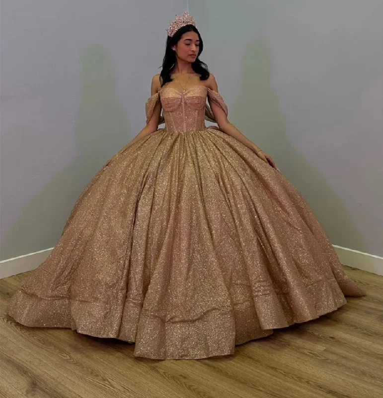 Women's Resort Garments Valentine's Special Sparkly Rose Gold Luxury Ball Gown Quinceanera Dresses Glitter Off Shoulder Sweet 16 Dress