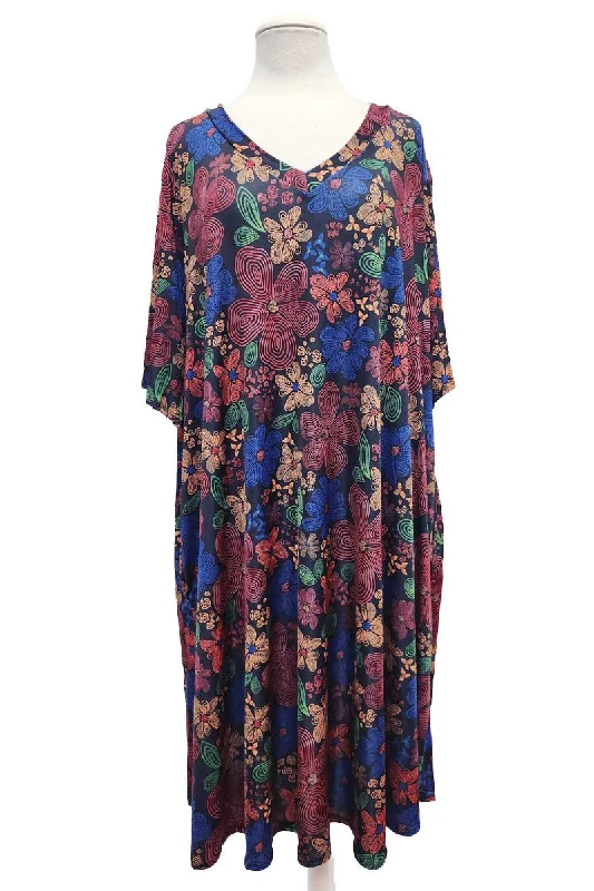 Comfortable Lounge Clothing Chic Outfits Black Red Blue Floral Dress Wide Sleeves and Pockets