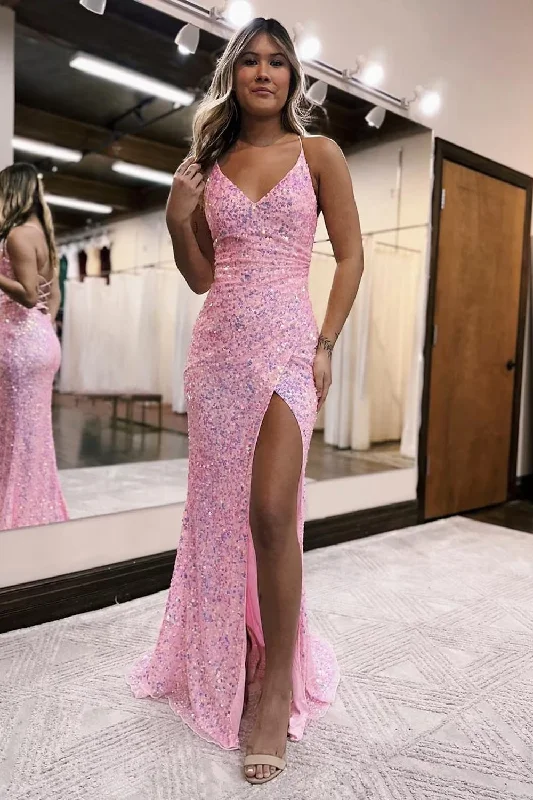 Women's Vintage-Inspired Clothing Season Appropriate Women's Collection Prom Dresses Sparkle & Shine Dress Formal Sleeveless V Neck Sequined Backless with Sequin Slit