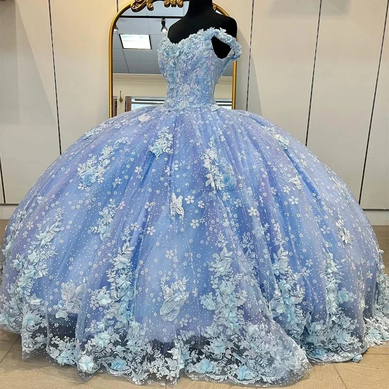 Women's Holiday Attire Eclectic Style Wardrobe Sky Blue Quinceanera Dresses Sleeveless Crystal Sequined Ball Gown Off The Shoulder 3D Flowers Tull Corset Vestidos Para XV 15