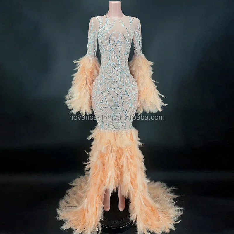 Women's Trendy Outfit Crazy Discounts, Hurry Up NOCANCE Y2682 happy new year 2023 shiny diamonds orange feathers elegant evening gown cocktail dresses for prom party