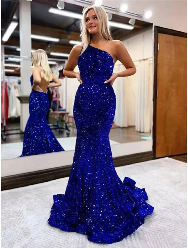 Women's Luxury Garments Trend Alert Mermaid / Trumpet Prom Dresses Sparkle & Shine Dress Formal Prom Floor Length Sleeveless One Shoulder Sequined Backless with Sequin