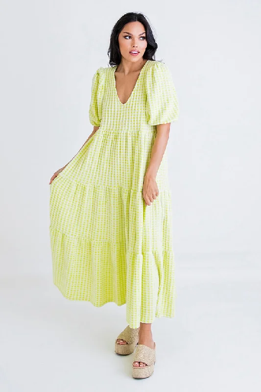 Women's Cozy Clothes Runway Inspired Wear Check Plaid Puff Sleeve Maxi Dress