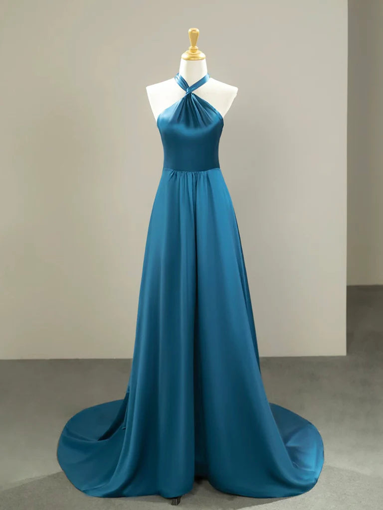 Women's Evening Garments Style Breakthroughs Simple Satin Blue Halterneck Formal Long Prom Dress with Sweep Train