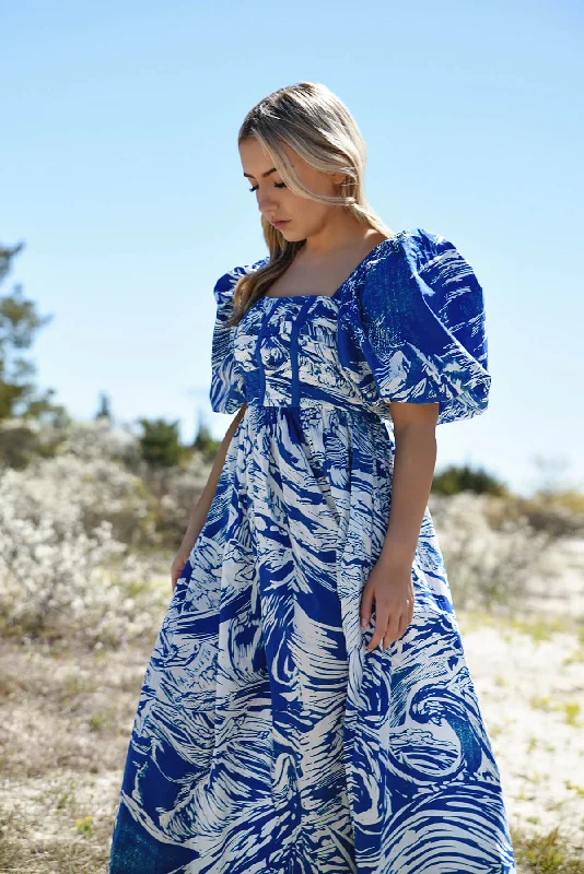 Formal Clothing For Women Explore What's New Blue Printmaking Square-Neck Cotton Midi Dress