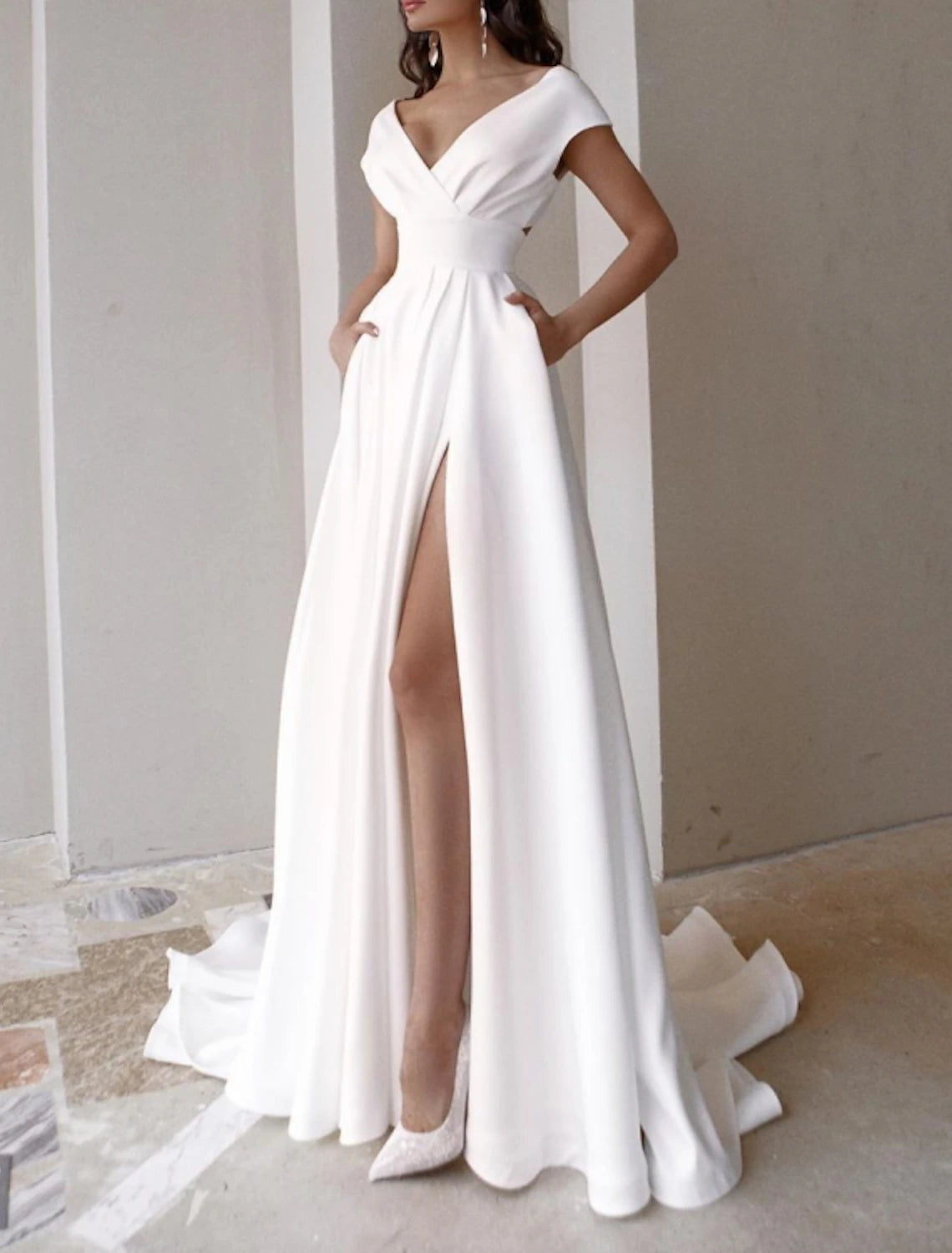 Women's Vintage-Inspired Outfit Wardrobe Upgrade Hall Casual Wedding Dresses A-Line V Neck Cap Sleeve Sweep / Brush Train Stretch Fabric Bridal Gowns With Split Front