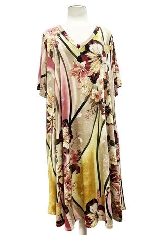 Classic Women's Clothing Styles Formal Outfit Gold Pink Floral Hawiian Vibes Dress w Pockets