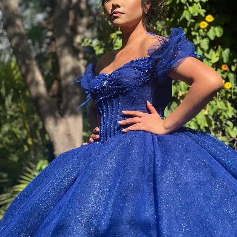 Women's Outdoor Activity Garments Enjoy Discount Sparkly Royal Blue Vestidos De 15 Quinceañera Sequined Appliques Off The Shoulder Ball Gown Tull Vestidos De 15 Anos Customized