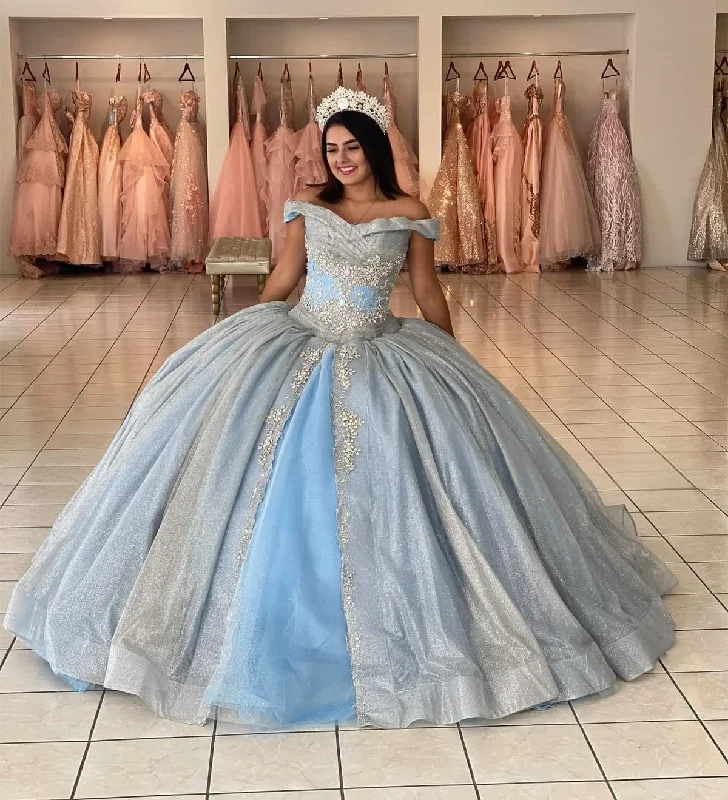 Women's High-Fashion Attire Chic & Cozy Collection Sky Blue Quinceanera Dresses Ball Gown Off The Shoulder Sequins Beaded Sweet 16 Dresses 15 Años Mexican