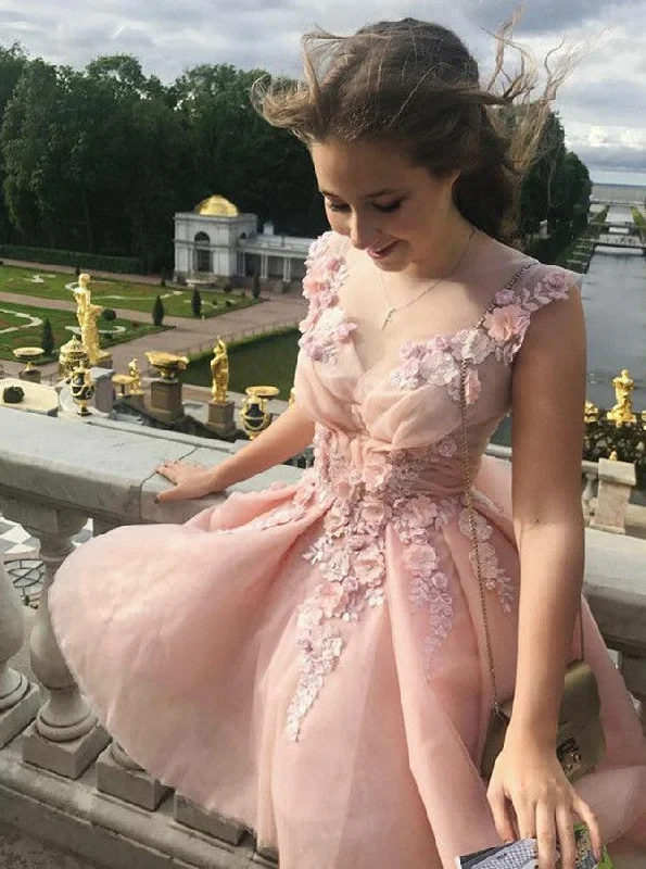 Women's High-Fashion Clothes Fashion For Every Occasion Pearl Pink Tulle A-Line V-Neck Floral Applique Short Cocktail Party Dress OC129