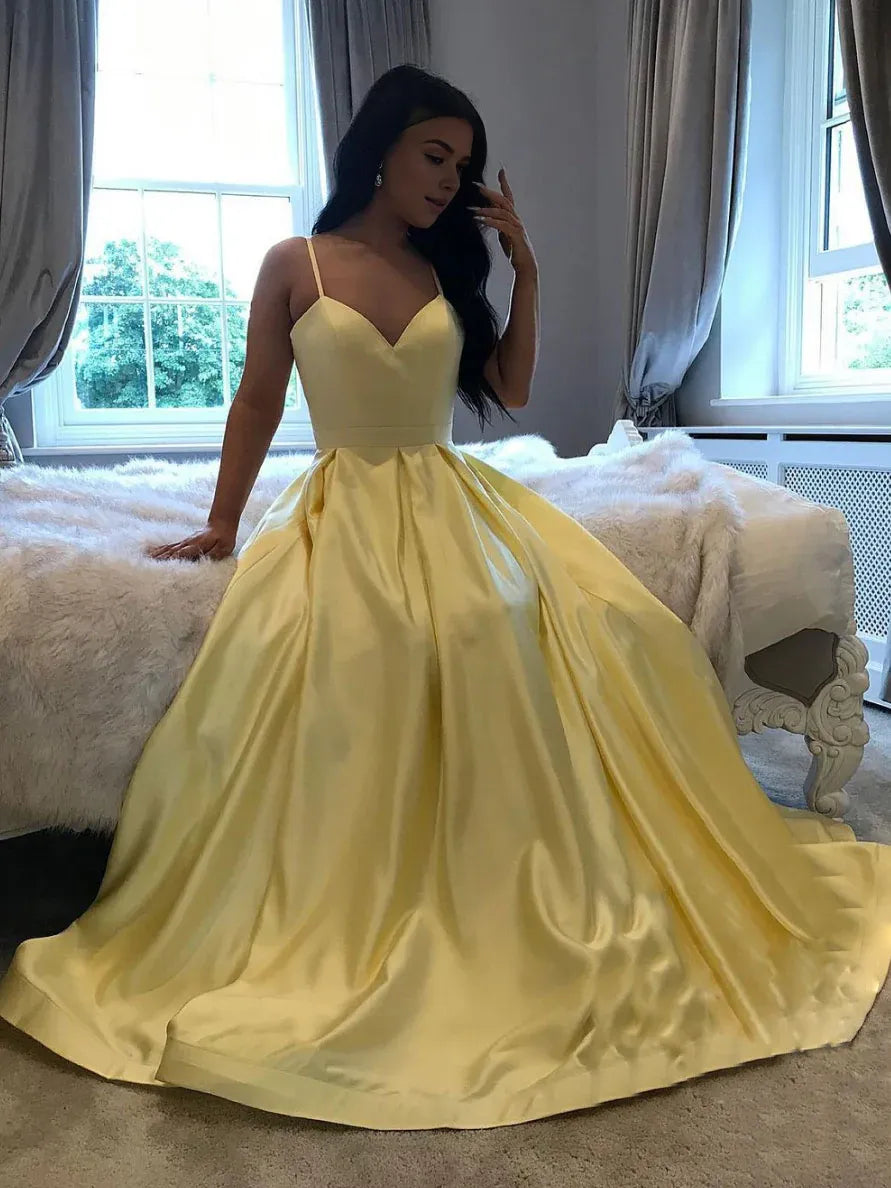 Women's Professional Apparel Unbeatable Prices Amzcw Simple yellow satin long prom dress yellow evening dress stores with prom dresses