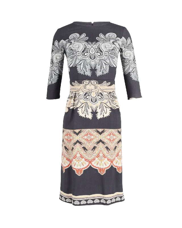 Luxury Women's Clothes Buy More, Save More Etro Belted Printed Midi Dress in Black Print Wool