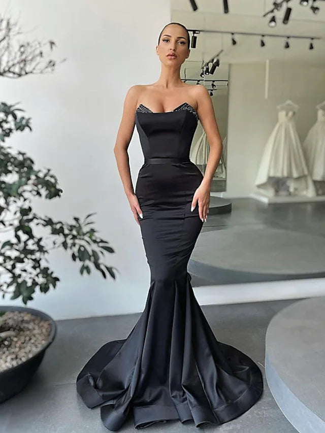 Women's Athletic Apparel Fashion Sale Evening Gown Sexy Dress Formal Floor Length Sleeveless Strapless Satin Backless with Beading