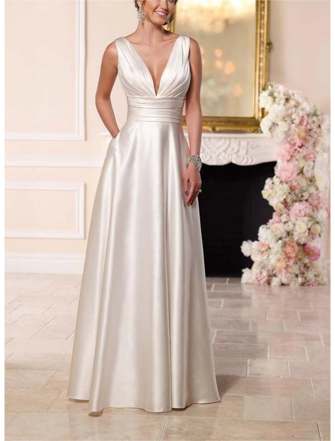 Women's Clothing Stay Ahead In Style Beach Casual Formal Wedding Dresses A-Line V Neck Sleeveless Floor Length Taffeta Bridal Gowns With Pleats Ruched