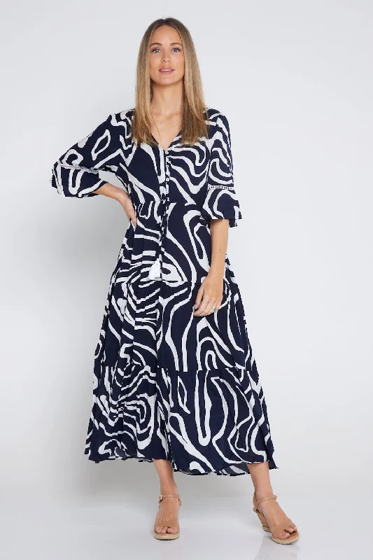 Women's Elegant Evening Attire New Arrivals Tangela Maxi Dress - Navy White Swirl