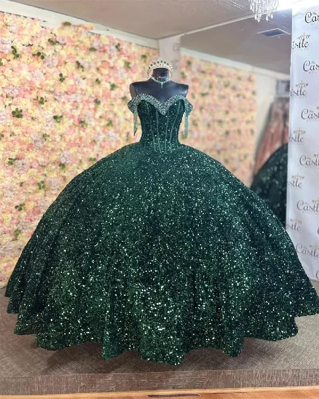 Women's Professional Garments Chic Wardrobe Essentials Sparkly Emerald Green Ball Gowns Quinceanera Dresses Formal Off-Shoulder Appliques Sweet 15 Prom Party Dress