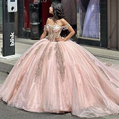 Women's Holiday Clothing Flash Sale Fever Pink Quinceanera Dresses Off Shoulder Glitter Sweet 16 Princess Party Ball Gowns