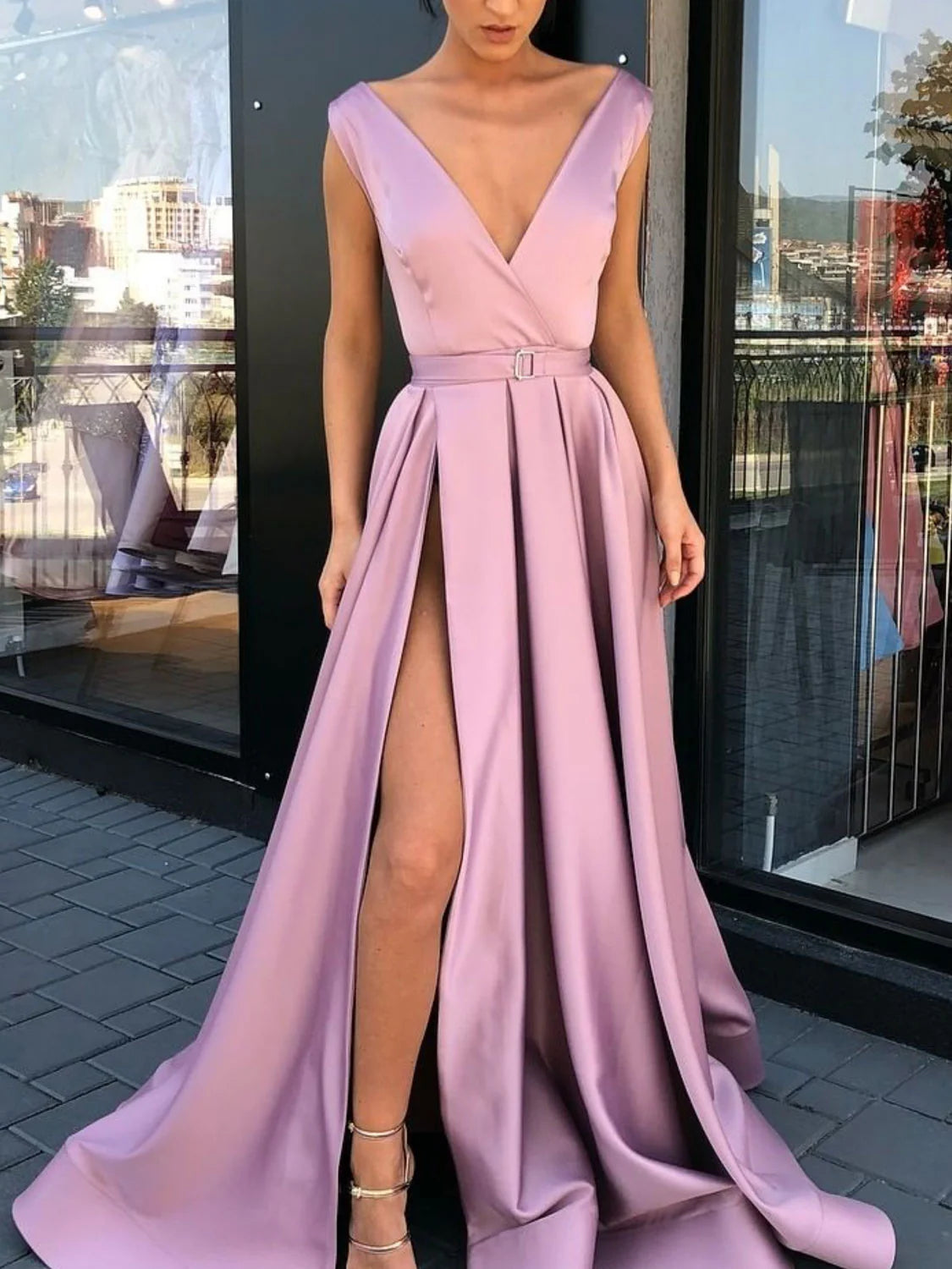 Women's Elegant Clothes Sophisticated Fashion Amzcw Simple v neck satin long prom dress pink evening dress formal wear dresses ﻿