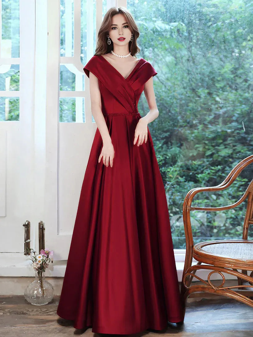 Women's Comfortable Clothes For Weekends Versatile Outfits Amzcw Burgundy v neck satin long prom dress burgundy evening dress formal wear dresses