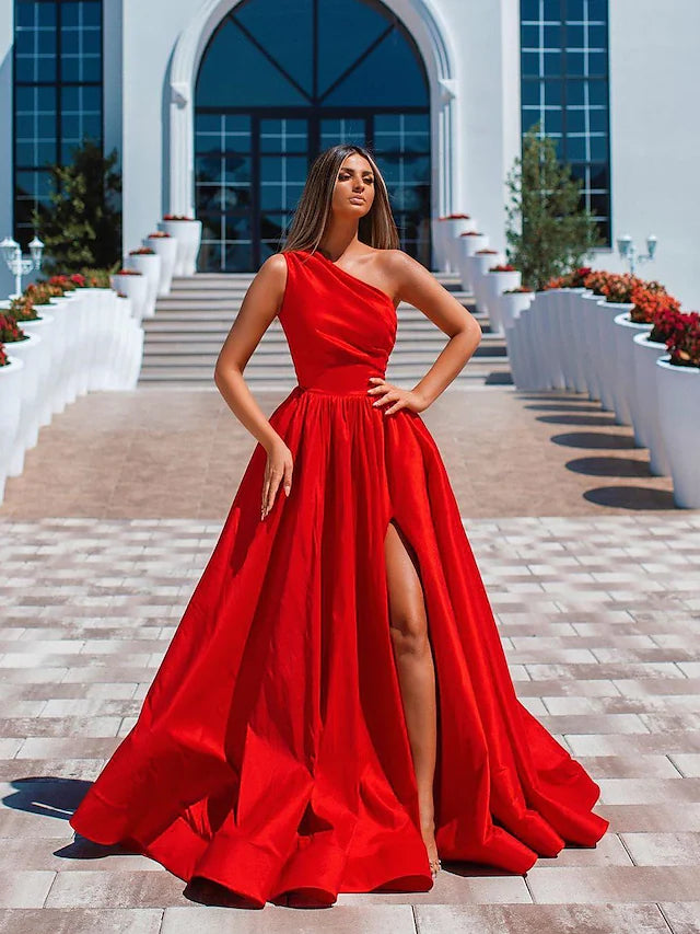 Women's Seasonal Apparel Women’S Urban Fashion High Split Prom Formal Evening Dress One Shoulder Sleeveless Floor Length Charmeuse with Ruched Slit