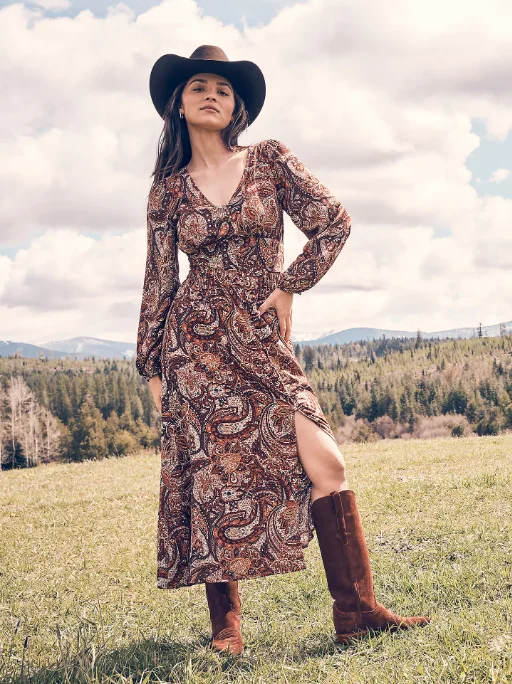 Women's Clothing For Work Seasonal Sale Wrangler Burgundy Paisley Print Button Front Maxi Dress 112353151