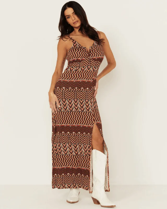 Women's Outerwear Clothing Trendy Styles Rock & Roll Cowgirl Women's Burnt Orange Geo Print Tank Maxi Dress BWD0R03294