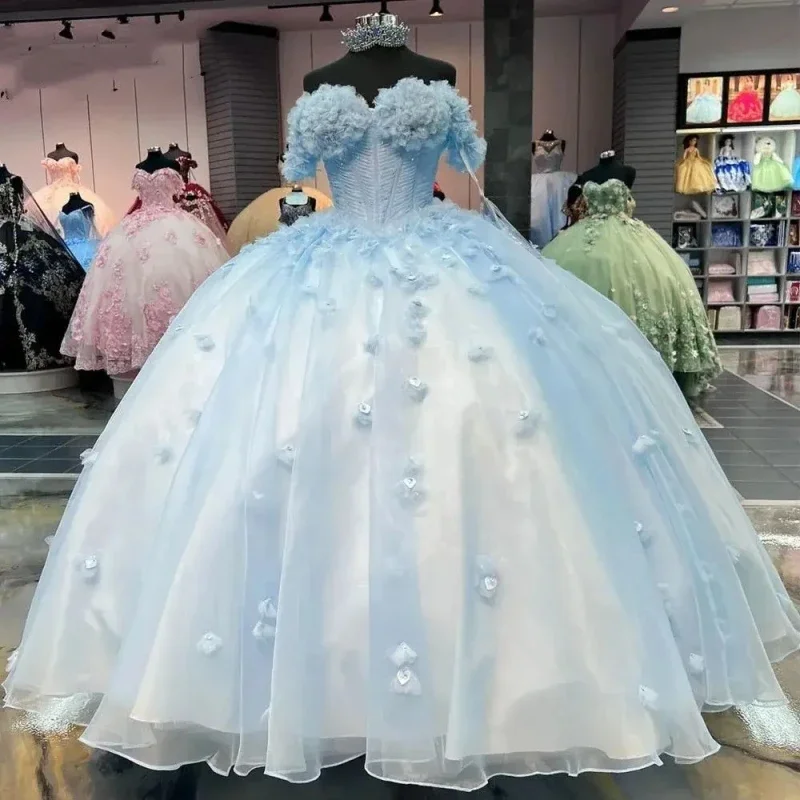 Women's Seasonal Clothing Exclusive Discounts Princess Blue Quinceanera Dress Ball Gown Flowers Appliques Beading Corset Sweet 16 Dress Vestido De 15 Años