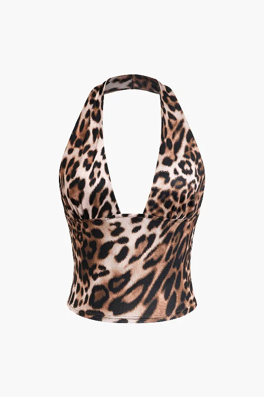 Women's Romantic Outfit Vibrant Femme Fashion Leopard Print Halter Neck Backless Tank Top