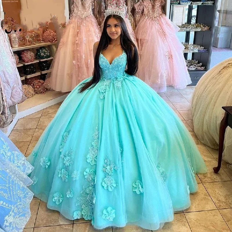 Women's Vintage Garments Wardrobe Essentials Strap Quinceanera Dresses Sexy V-Neck 3D Flower 15th Party Dress Beading Vestidos De Debutante Birthday Gowns