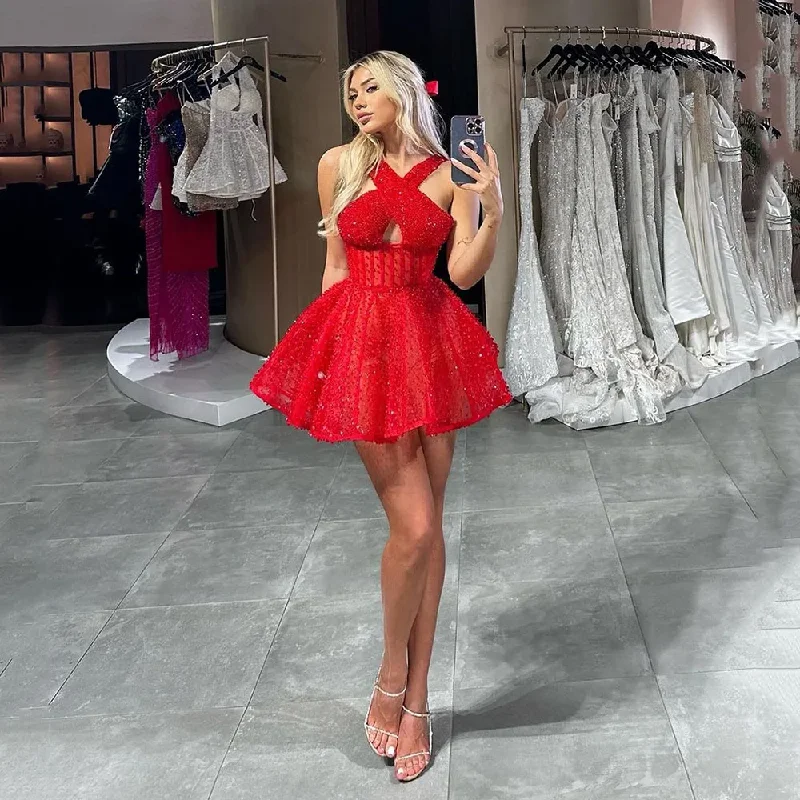 Fashion-Forward Women's Clothing Limited Time Offer Red Spark Shiny Party Dresses Mini Evening Gowns Shiny Sleeveless Cross Halter Strap Hollow out Foram occasion Dress