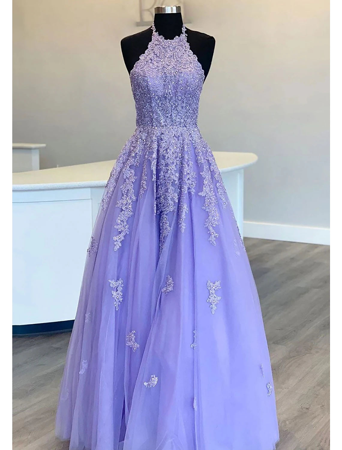 Stylish Women's Garments Unbeatable Prices A-Line Prom Dresses Open Back Dress Formal Prom Floor Length Sleeveless High Neck Tulle Backless with Pleats Beading Appliques