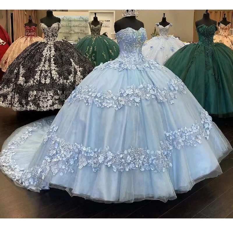 Women's Evening Wear Attire Chic Trend Collection Sky Blue Ball Gown Quinceanera Dresses Beads Sequined 3D Flowers Sweetheart Appliques Sweet 16 Dress vestidos de 15 años