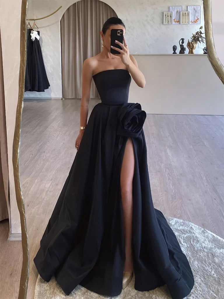 Women's Active Garments For Workouts Versatile Wardrobe Essentials A-Line Satin Strapless Black Long Prom Dress Formal Dress With Slit