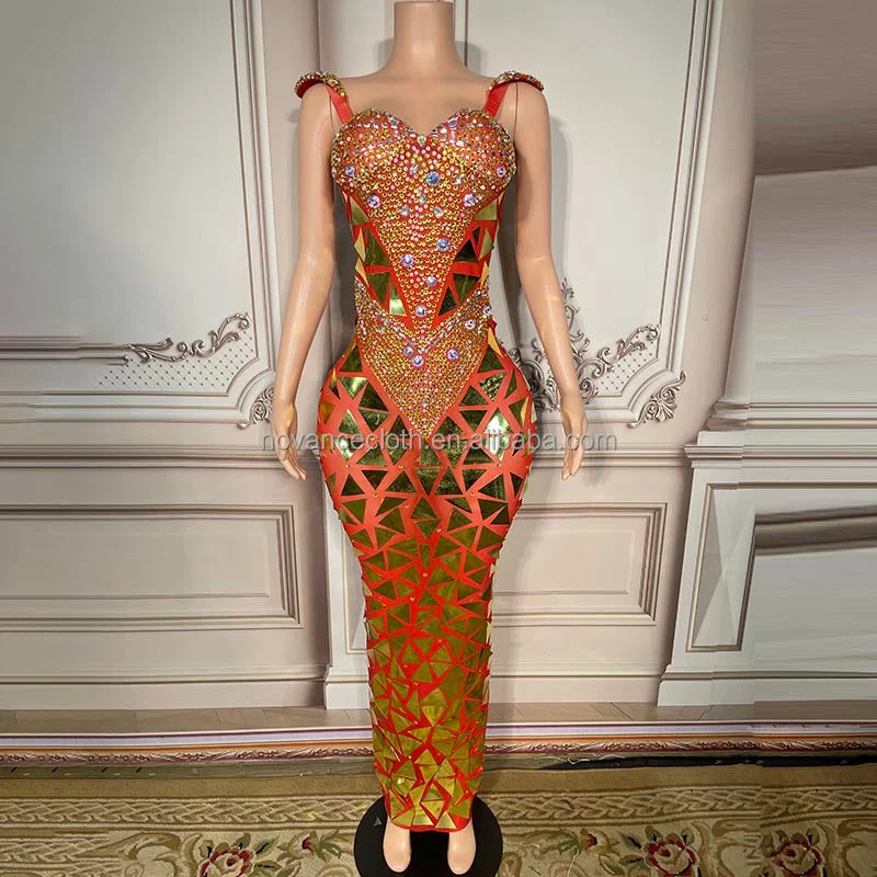 Affordable Women's Garments Premium Quality Garments NOVANCE Y1800-G lady dress 2022 party shiny golden sequins crystals pageant gown orange stretchy mesh dress with sequins