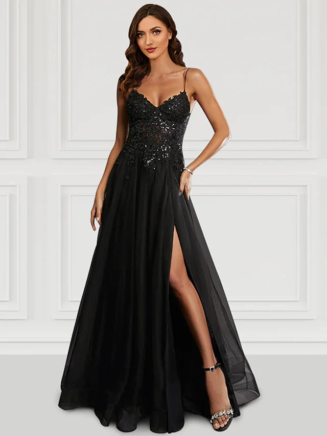 Women's Transitional Outfit Unleash Your Style Prom Dresses Black Dress Party Wear Floor Length Sleeveless Spaghetti Strap Tulle with Glitter Slit