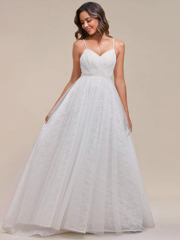 Women's Functional Apparel For Outdoor Activities Clearance Sale, All Cheap Spaghetti Strap Waist Pearl Sweetheart Collar Tulle Wedding Dress with Lace