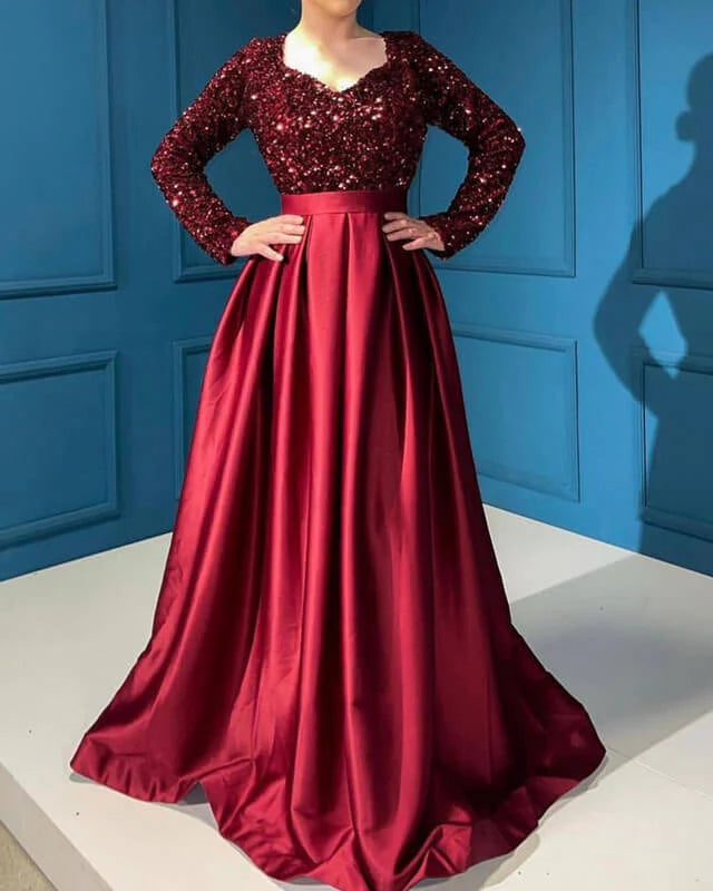 Women's Functional Outdoor Garments Stylish Basics Modest Burgundy Satin V-neck Dress With Sequin Sleeves Prom Dresses