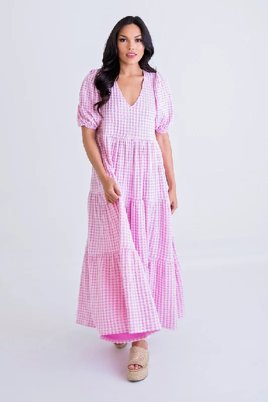 Women's Casual Wear Clothes Cutting Edge Fashion Check Plaid Puff Sleeve Maxi Dress