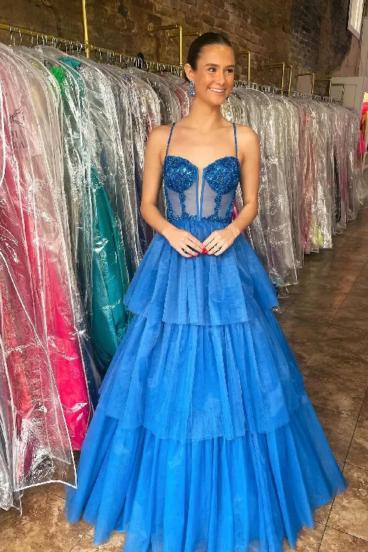 Formal Garments For Women Effortless Style, Endless Impact Spaghetti Straps A-line Graduation Dresses Organza Tiered Ruffles Sweetheart Long Cake Dress Sparkly Appliques Sequin Prom Gowns