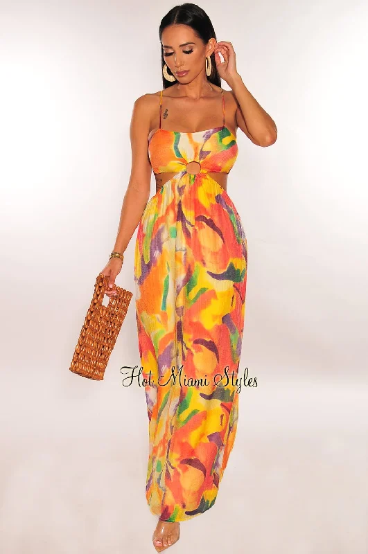 Women's Clothing And Garments Sets Special Offers, Don'T Miss Yellow Watercolor Print O Ring Cut Out Maxi Dress