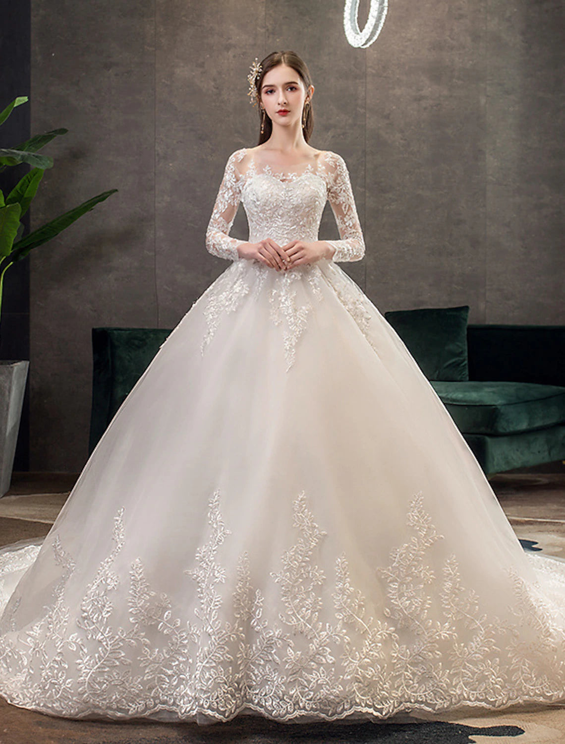 Women's Outdoor Attire Colorful Clothing Engagement Formal Wedding Dresses Ball Gown Illusion Neck Long Sleeve Cathedral Train Lace Bridal Gowns With Pleats Appliques