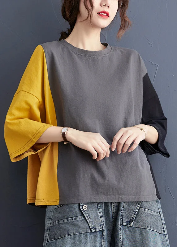 Women's Trendy Garments Feminine Charm Chic Colorblock Oversized Patchwork Cotton Tanks Batwing Sleeve