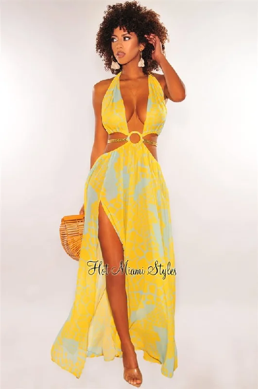 Women's Active Garments For Workouts Huge Discounts This Week Yellow Print O-Ring Cut Out Gold Belted Double Slit Maxi Dress