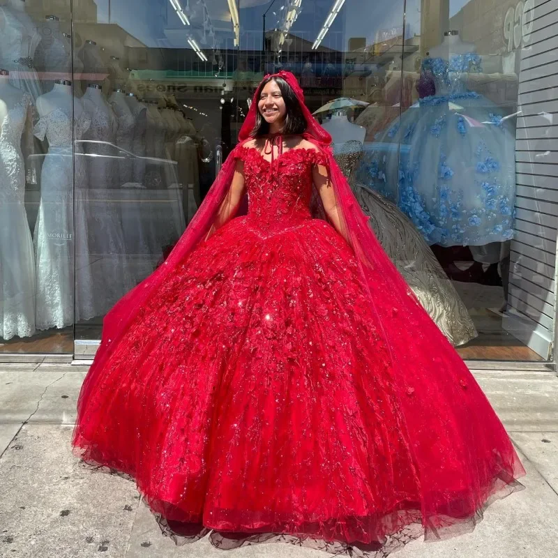 Women's Casual Clothing For Lounging New Styles Just In Red Quinceanera Dresses Ball Gown Sweet 16 Dress With Cape Applique 3DFlower Pageant