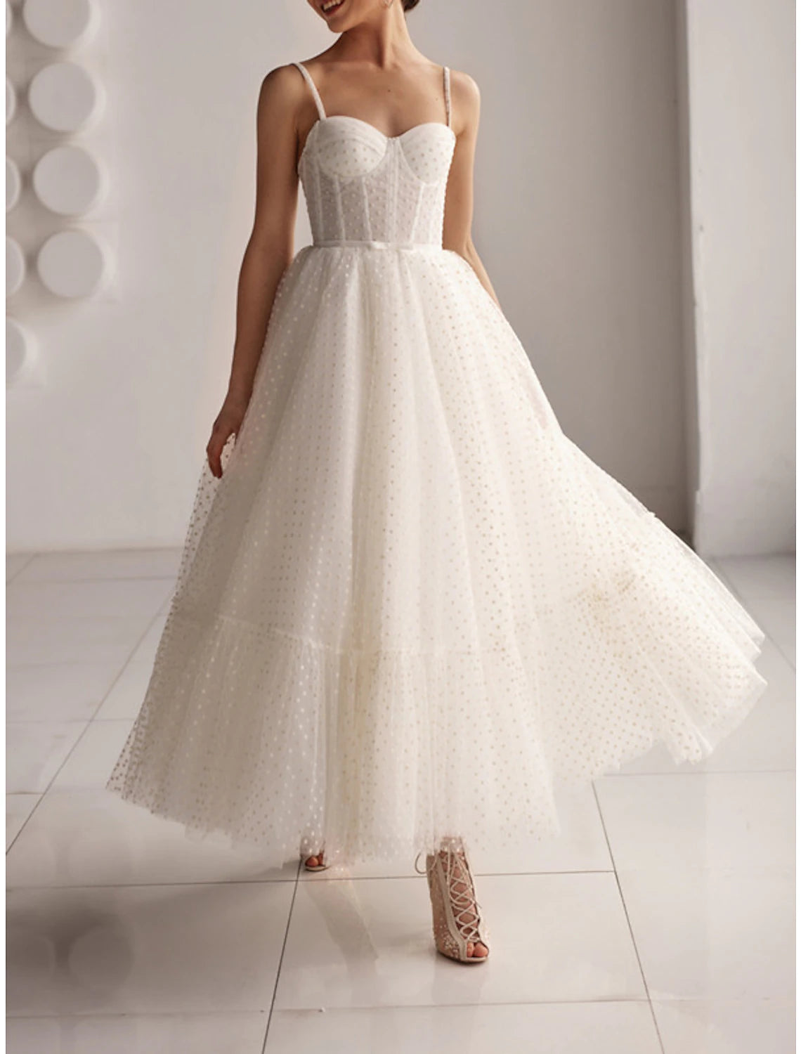 Women's Comfortable Lounge Outfit Limited Styles Reception Little White Dresses Wedding Dresses A-Line Sweetheart Camisole Spaghetti Strap Ankle Length Tulle Bridal Gowns With Bow(s)